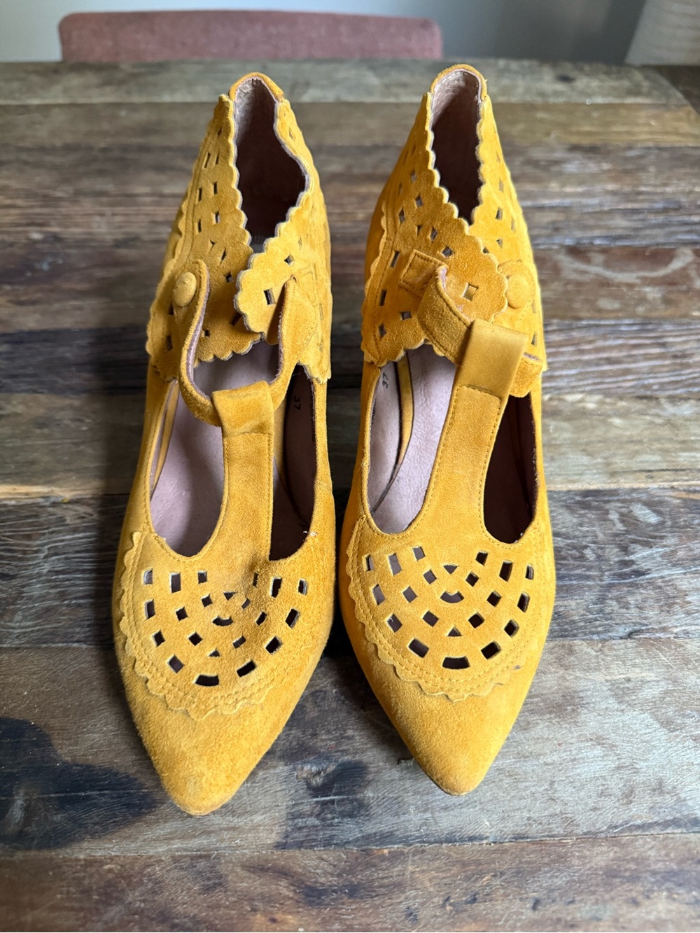 Anthropologie Lucky Penny Women's Mustard Suede Cutout Mary Jane Heels - Picture 2 of 7